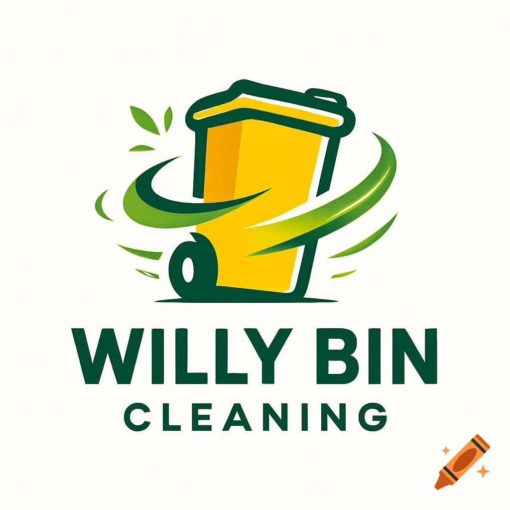 Logo for Willy Bin Cleaning, featuring a stylized yellow wheelie bin surrounded by green swirling lines and leaves, with the text "WILLY BIN CLEANING" below.