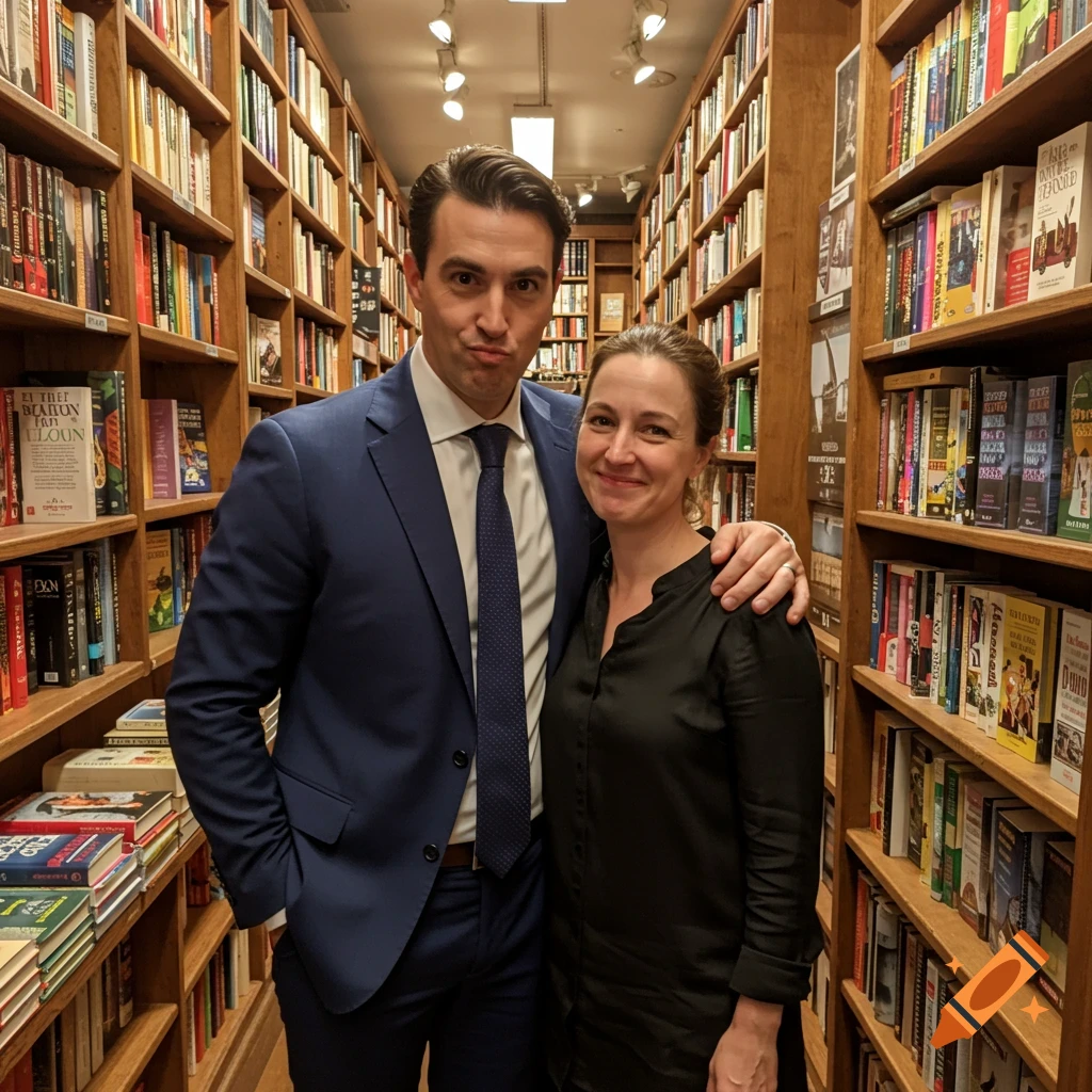 A man in a blue suit with his arm around a smiling woman in a black shirt, posing in an aisle of a bookstore.