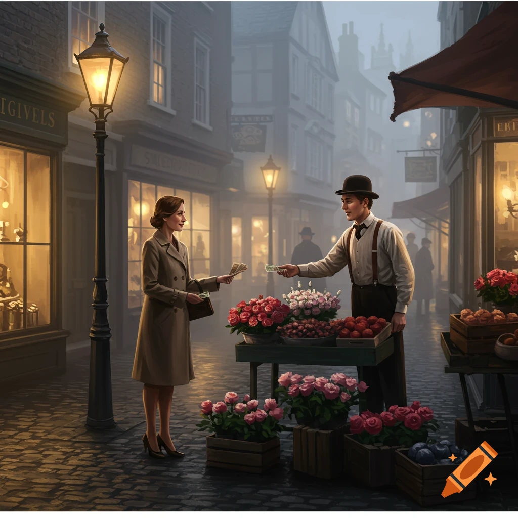 A woman and a man in old-fashioned clothing exchange money at a street flower stall in a foggy, gaslit European street scene.