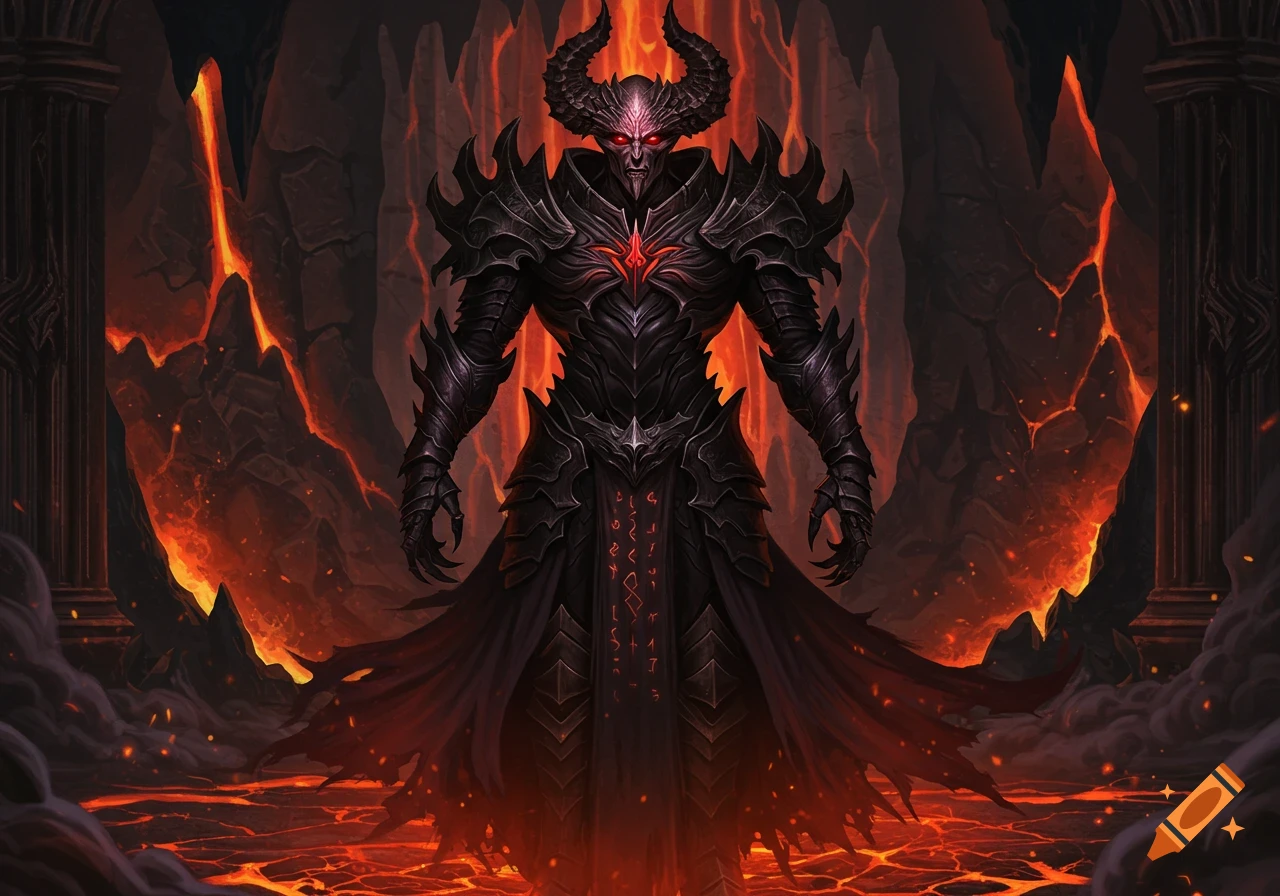 An armored demon lord with horns and glowing red eyes stands in a volcanic, lava-filled landscape in an anime style.
