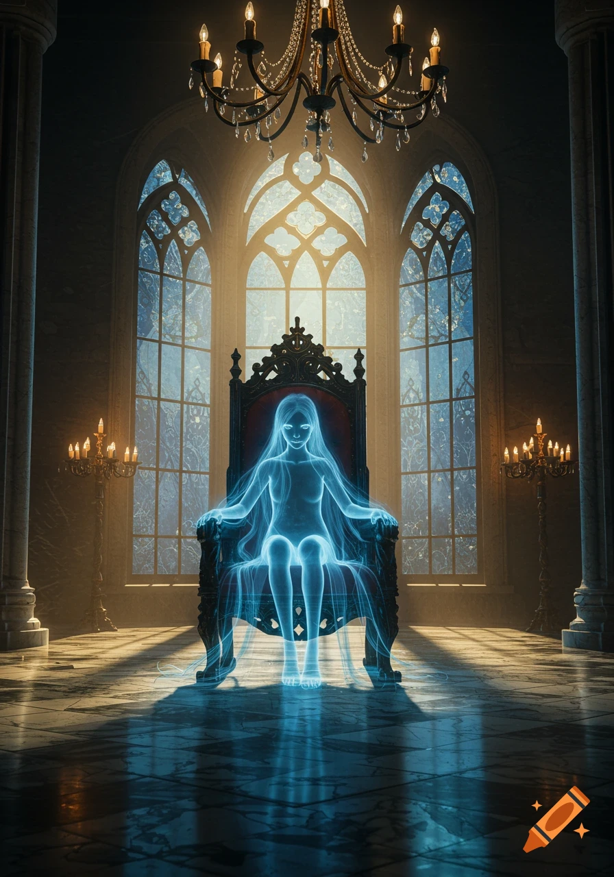 A blue glowing ghost girl sits on an ornate throne in a grand gothic hall with large arched windows and a chandelier.