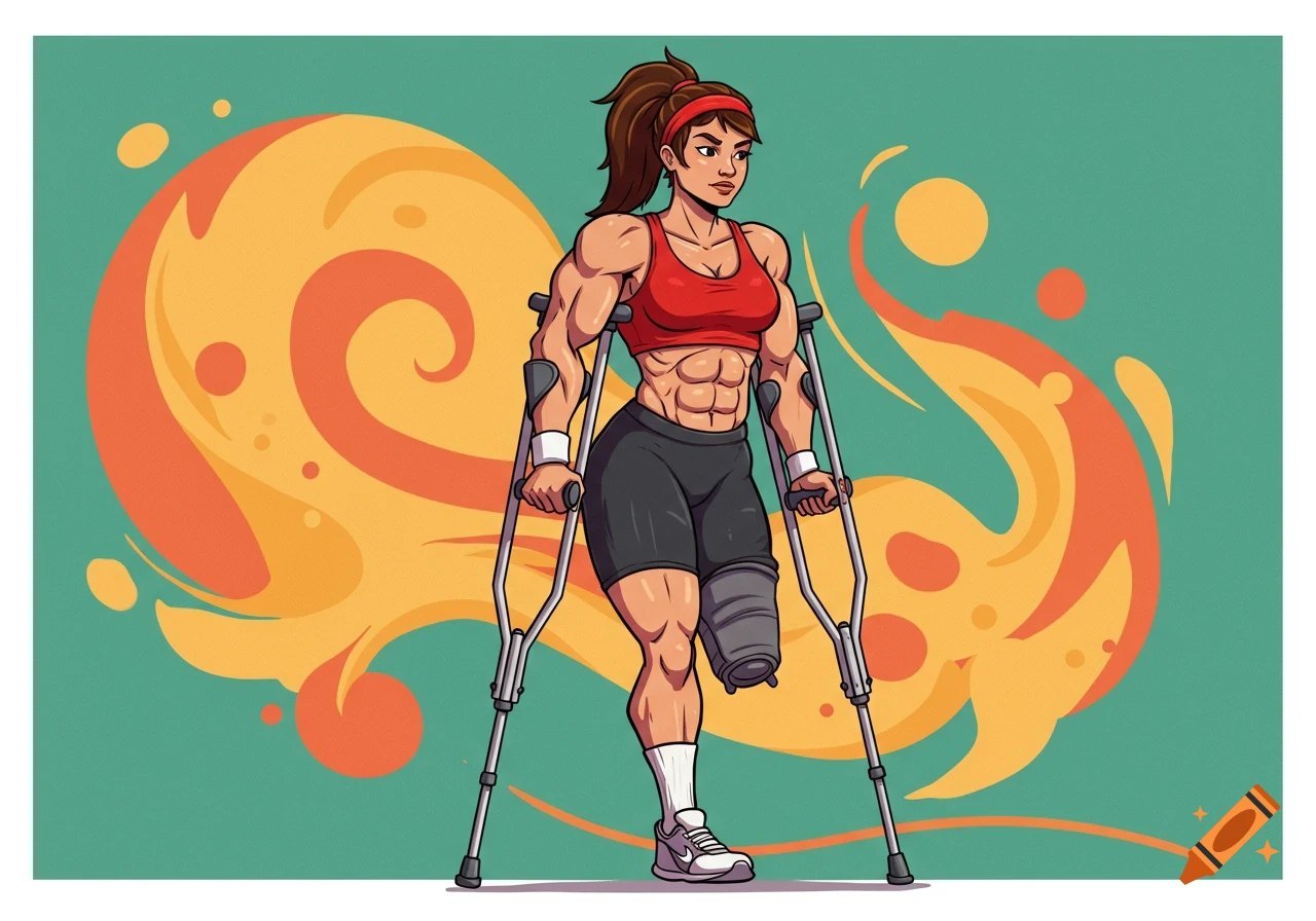 A muscular cartoon woman in a red sports bra and shorts with an amputated leg uses crutches against an abstract background.