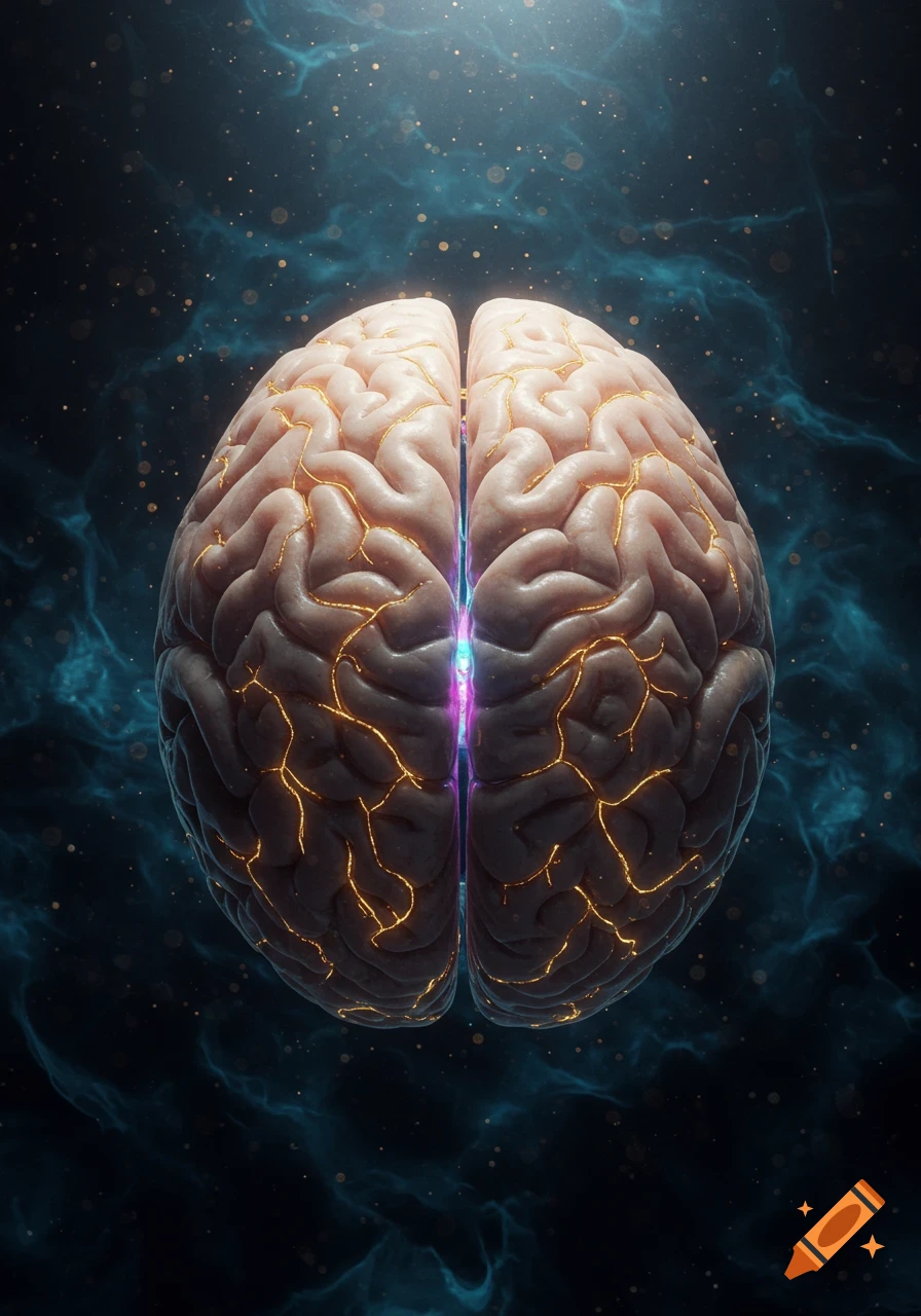 A stylized human brain glows with golden cracks and a central purple light against a dark, cosmic blue nebula background.