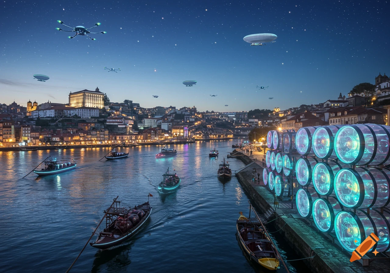 Futuristic Porto cityscape at night with glowing boats on a river, historic buildings, and flying blimps and drones.