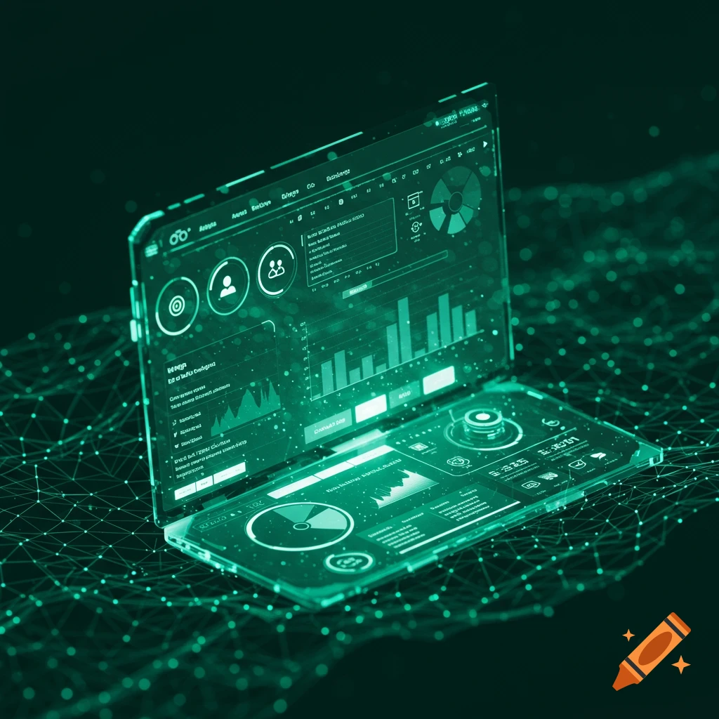 A glowing, transparent laptop-like device displays futuristic green data visualizations and network connections.