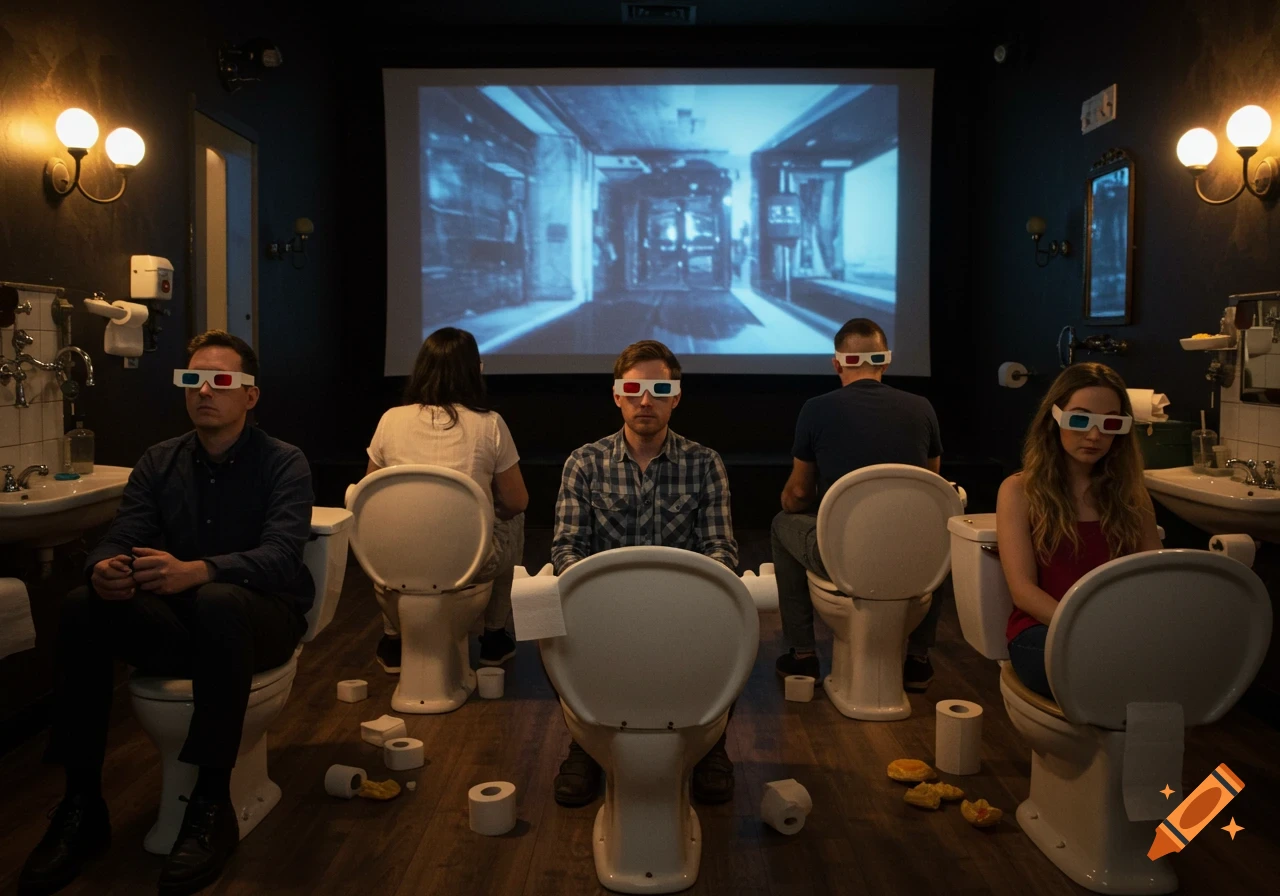 Five people in 3D glasses sit on toilets in a dark room, watching a blue-toned movie projected onto a screen, with toilet paper on floor.