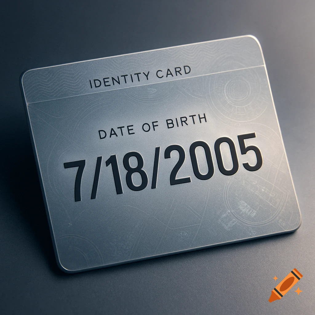 A metallic identity card displaying 'IDENTITY CARD', 'DATE OF BIRTH', and the numbers '7/18/2005' in a clean, modern style.