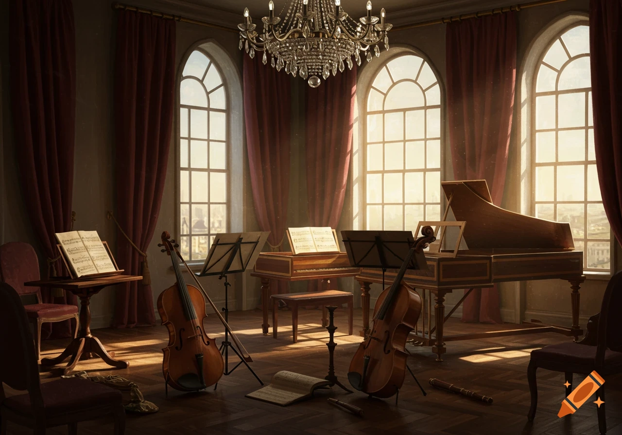 An ornate room bathed in golden sunlight features classical musical instruments like violins, harpsichords, and sheet music stands.