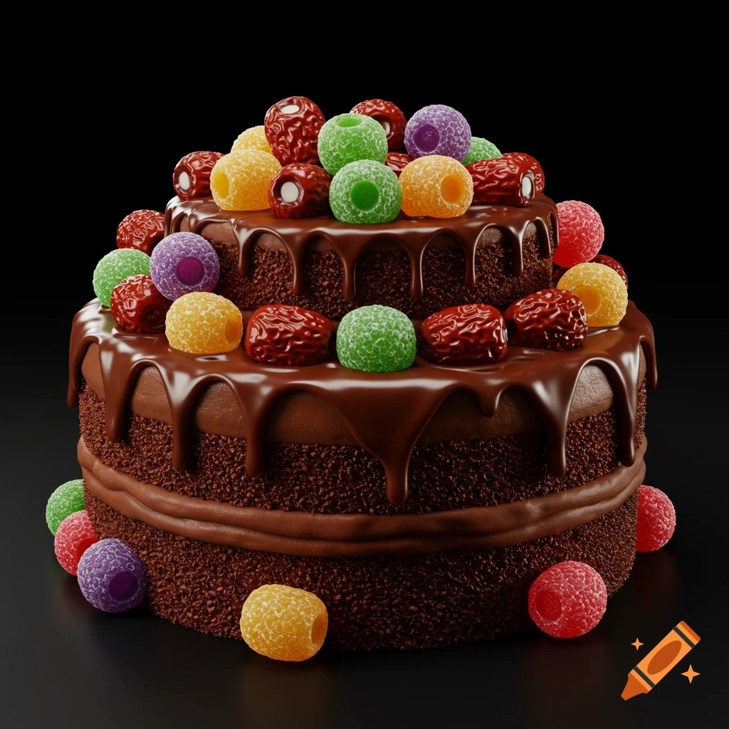 A two-tiered chocolate cake with melting ganache, topped with colorful jelly beans and candied fruit, on a black background.