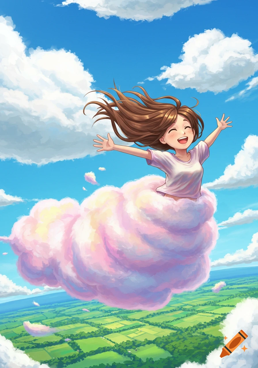 Joyful anime girl with brown hair flying in a pink cloud above a green landscape.