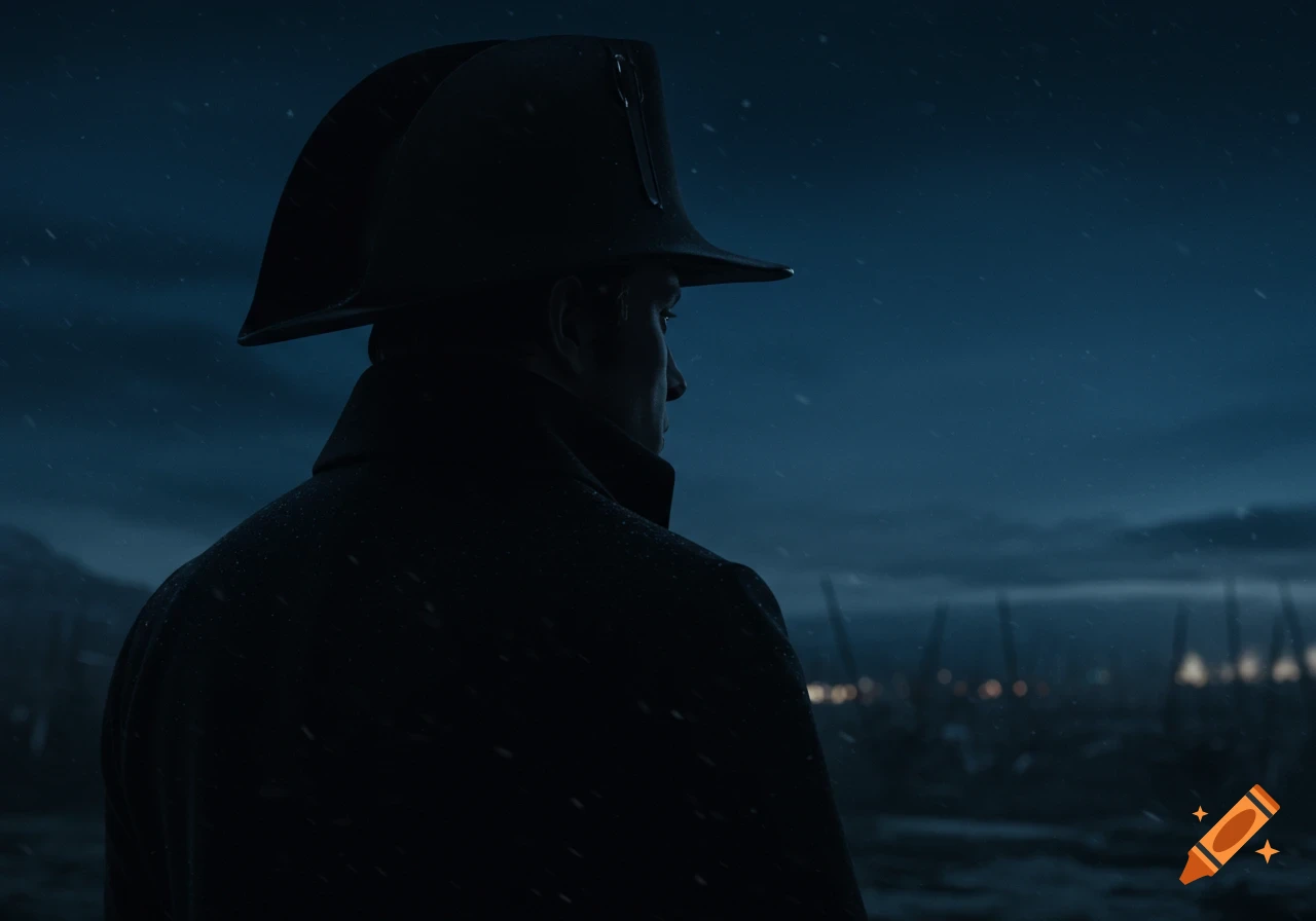 A man resembling Napoleon from behind, wearing a bicorne hat and dark coat, looks into a snowy, dark blue night. Photorealistic.
