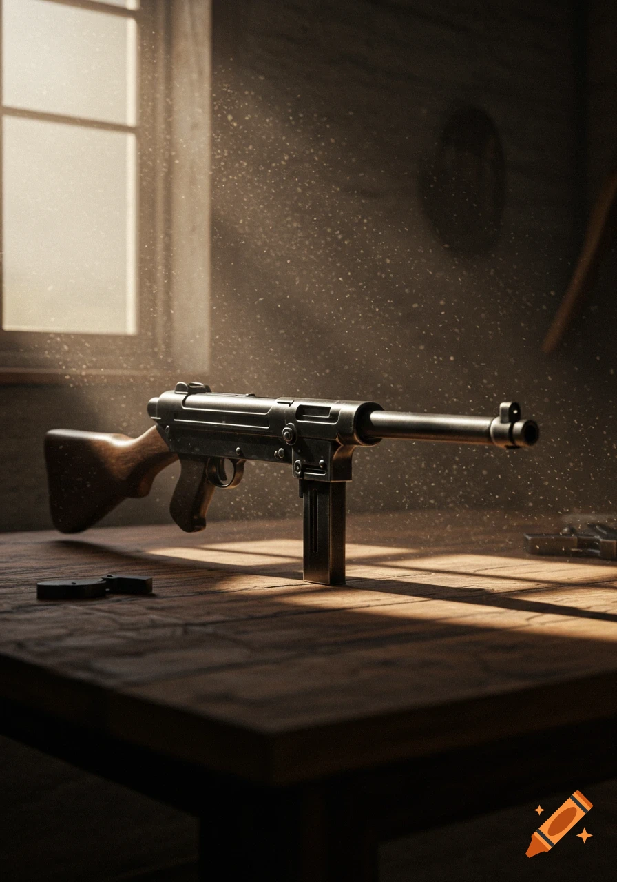 A detailed shot of an MP40 submachine gun on a wooden table, bathed in dramatic sunlight from a window, with dust motes visible.
