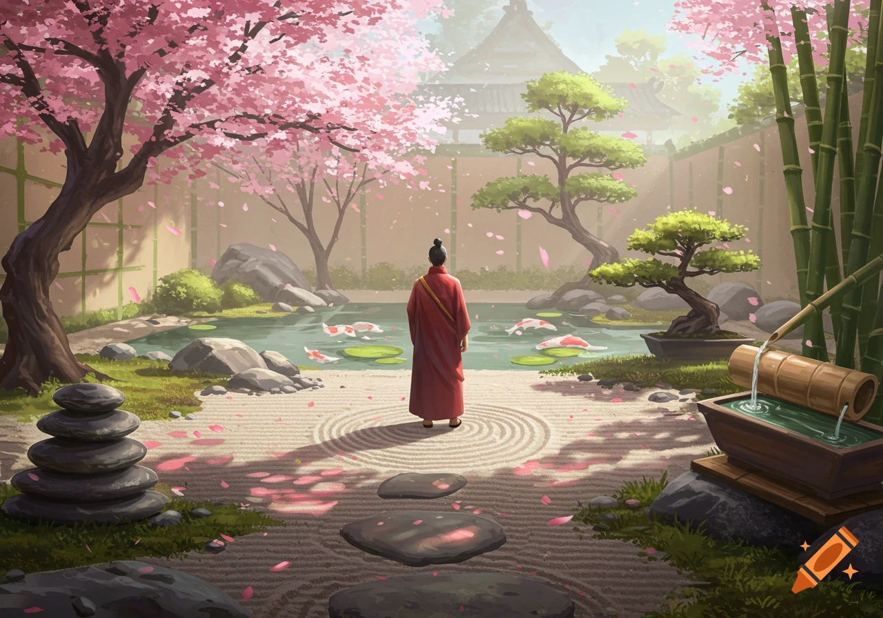 A person in a red robe stands in a serene Japanese garden with cherry blossoms, a pond with koi fish, and a raked gravel garden.