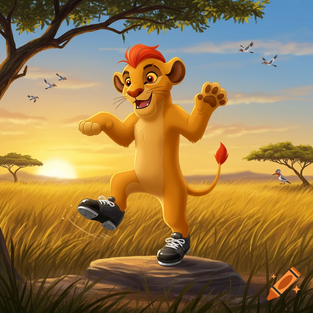 A cartoon lion cub, Kion from The Lion Guard, tap dances on a rock in a sunny savanna at sunset with birds flying.