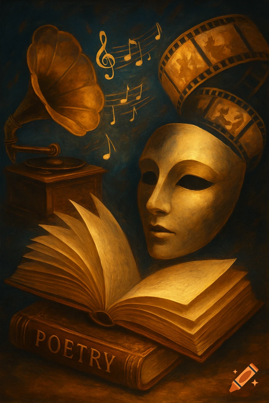 Dark, painterly composition of a gramophone, musical notes, a theater mask, film reels, and books, one labeled 'POETRY'.