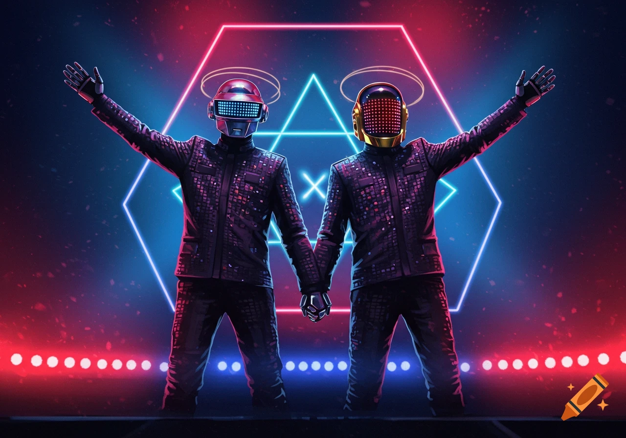 Two robotic figures resembling Daft Punk stand on a neon-lit stage, arms raised, holding hands in a synthwave style.