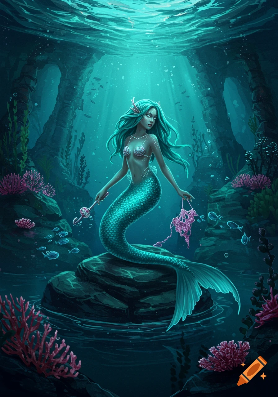 A teal-haired mermaid with a shell top sits on a rock in a vibrant underwater scene, holding a hook and pink coral.