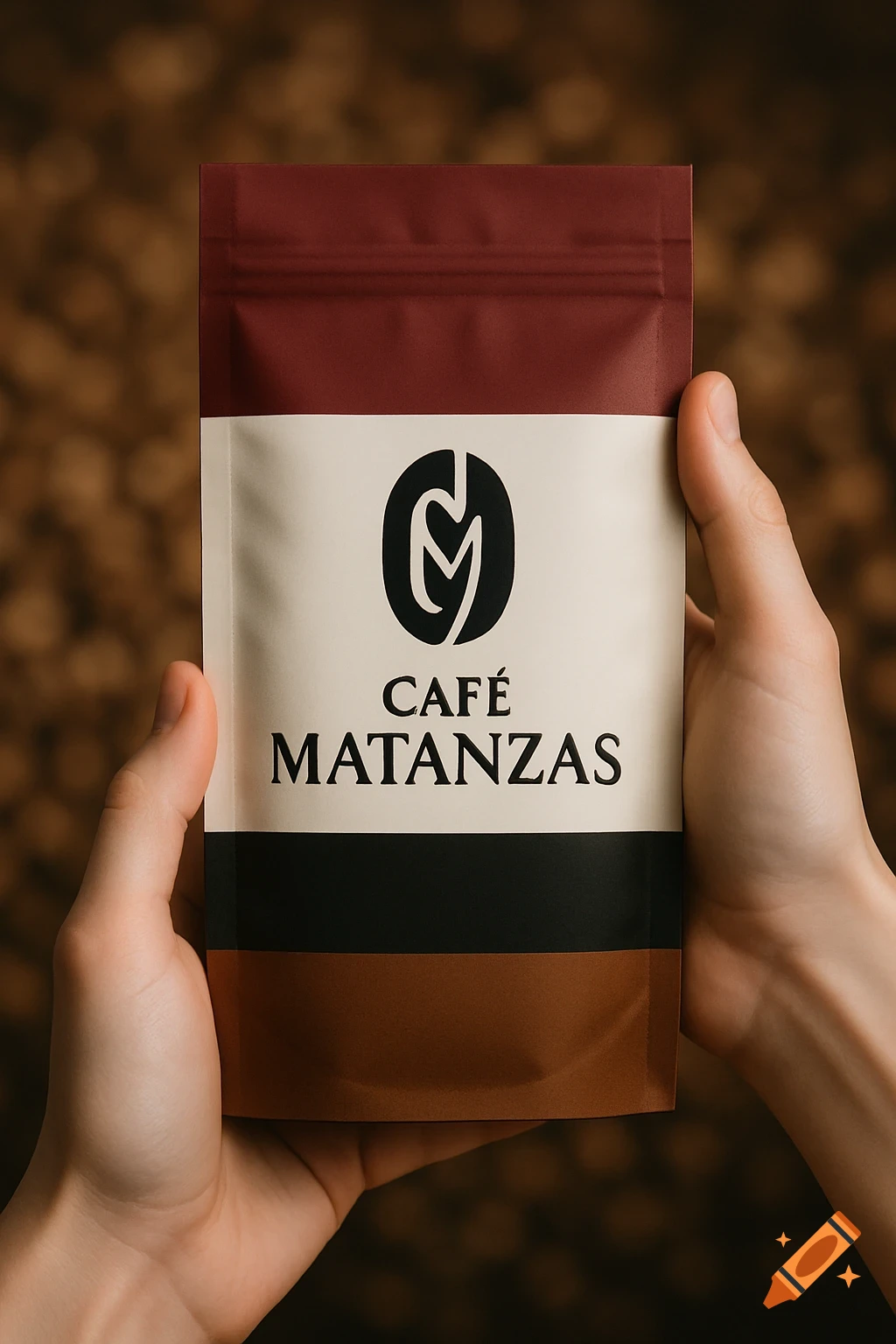Two hands holding a brown, white, and red coffee bag labeled 'Café Matanzas' against a blurred coffee bean background. Product photography.