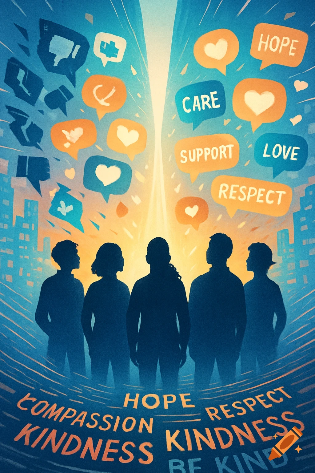 Silhouettes of five people stand before a bright light, with speech bubbles containing words like HOPE, CARE, SUPPORT, LOVE, and RESPECT floating above them against a blue city skyline. Words like COMPASSION, KINDNESS, and BE KIND are at the bottom.