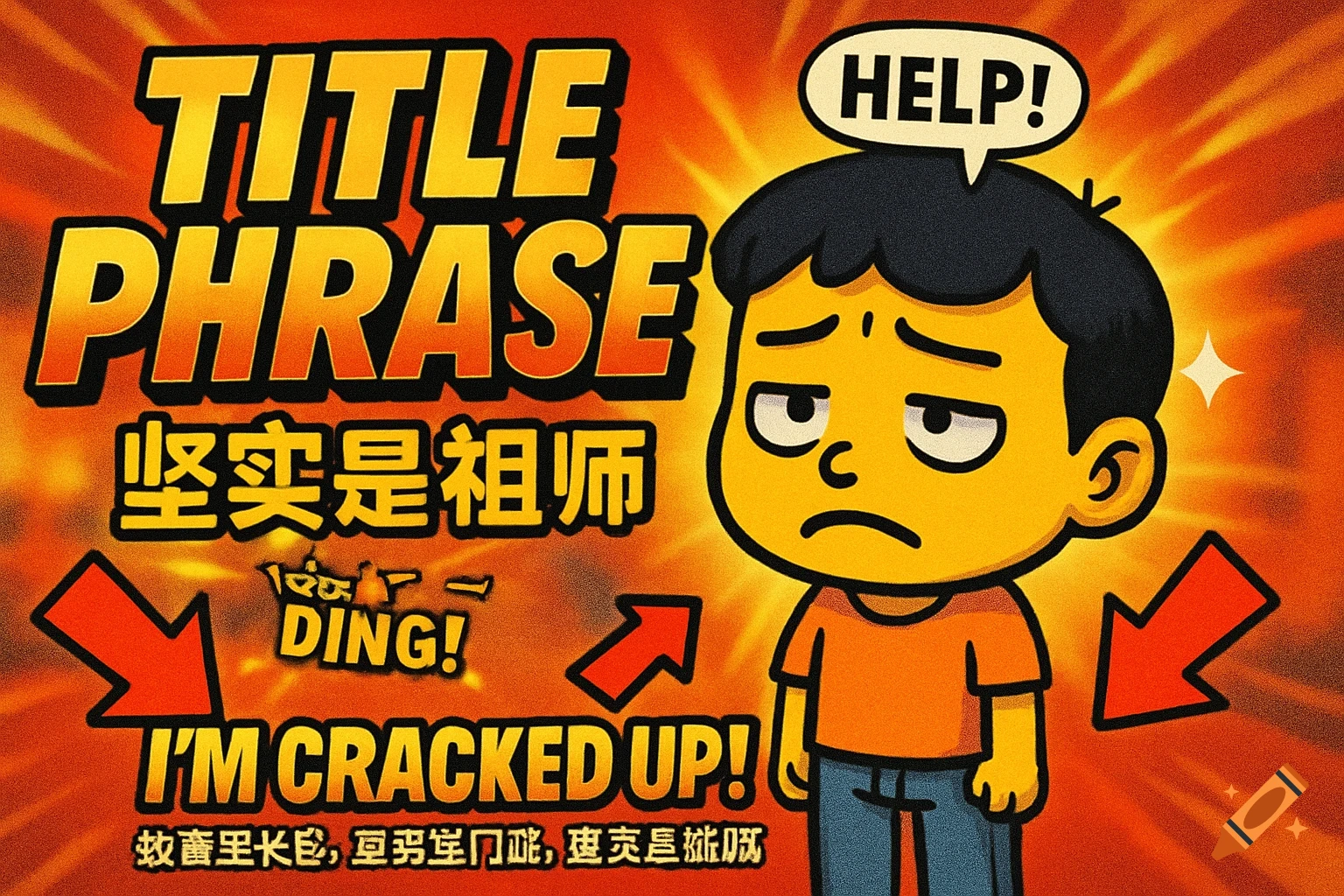 A cartoon image of a sad-looking boy with a speech bubble saying "HELP!". Large text in the background reads "TITLE PHRASE" and "坚实是祖师". Other text includes "DING!" and "I'M CRACKED UP!" with red arrows pointing to the boy.