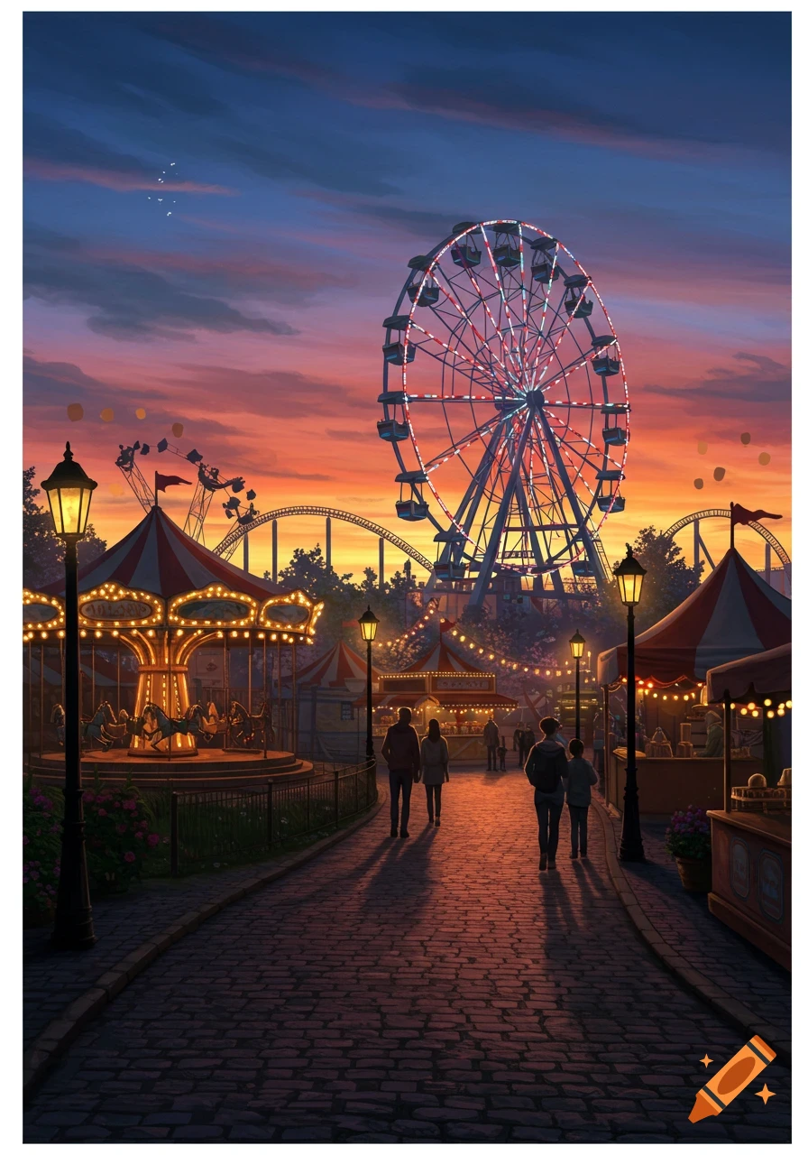 Vibrant digital art of an amusement park at dusk with an illuminated Ferris wheel, carousel, and people on a cobblestone path.