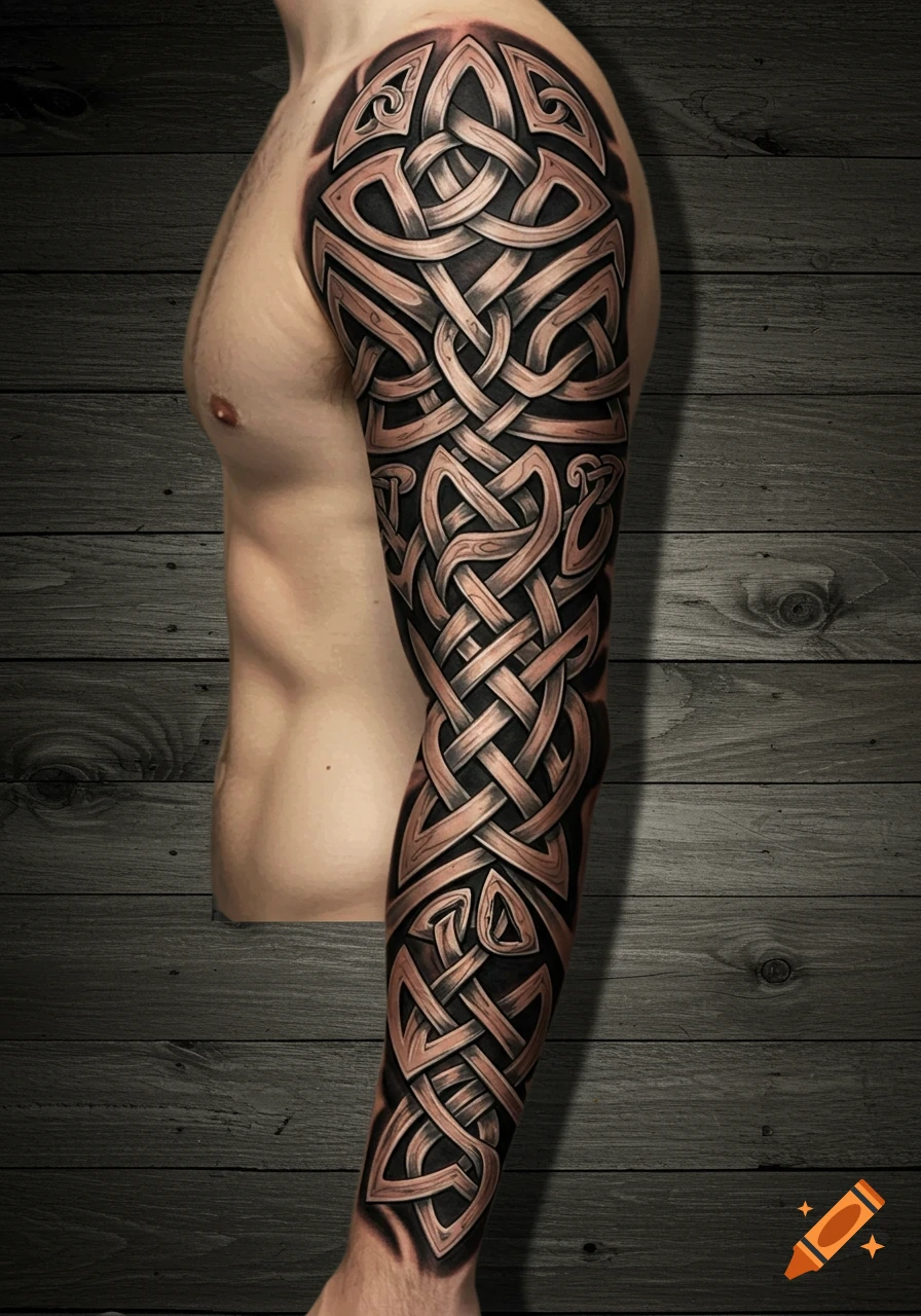 Photorealistic Celtic knot work sleeve tattoo on a man's arm and shoulder against a dark wooden background.