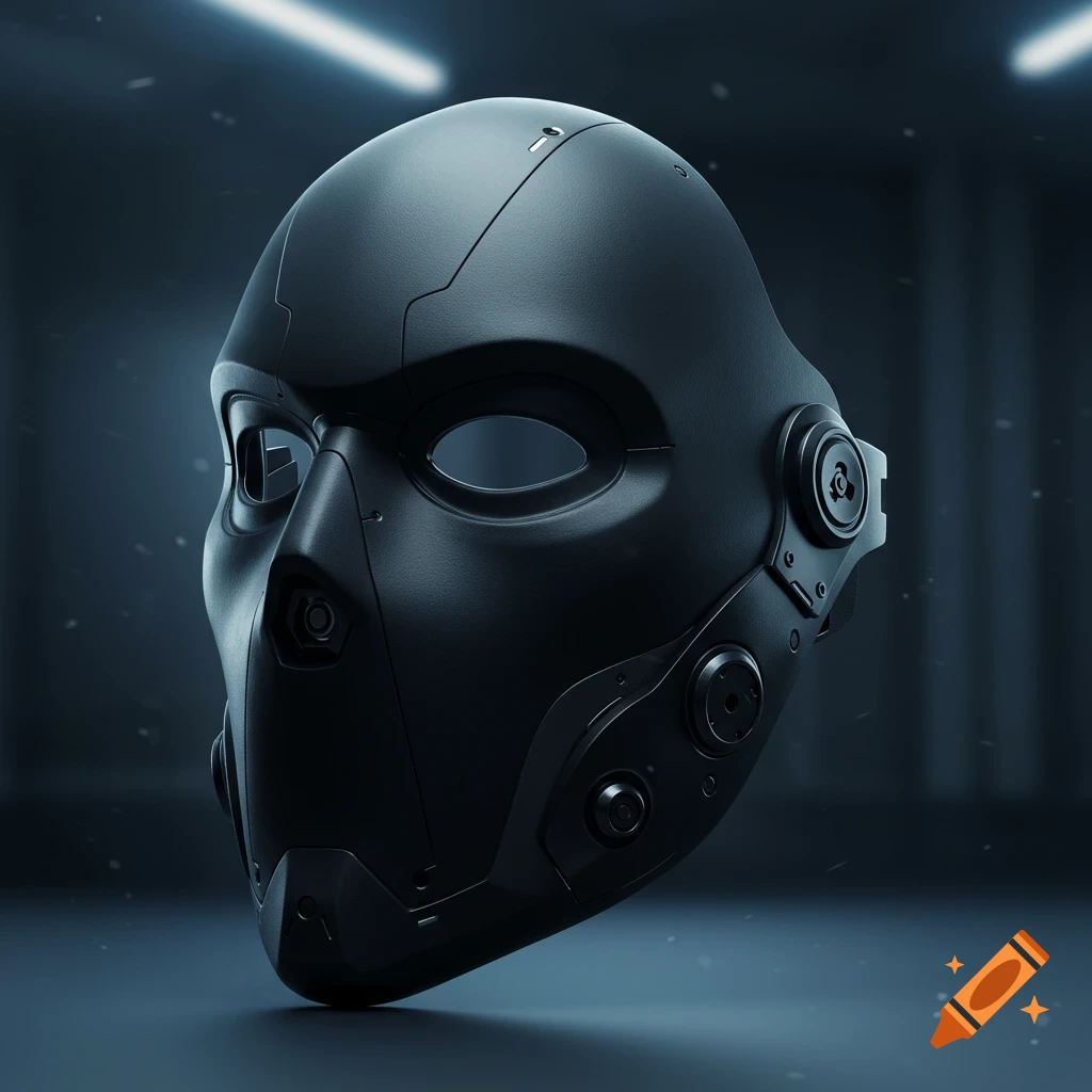 A sleek, black futuristic tactical mask with a featureless faceplate, rendered in high detail against a dark background.