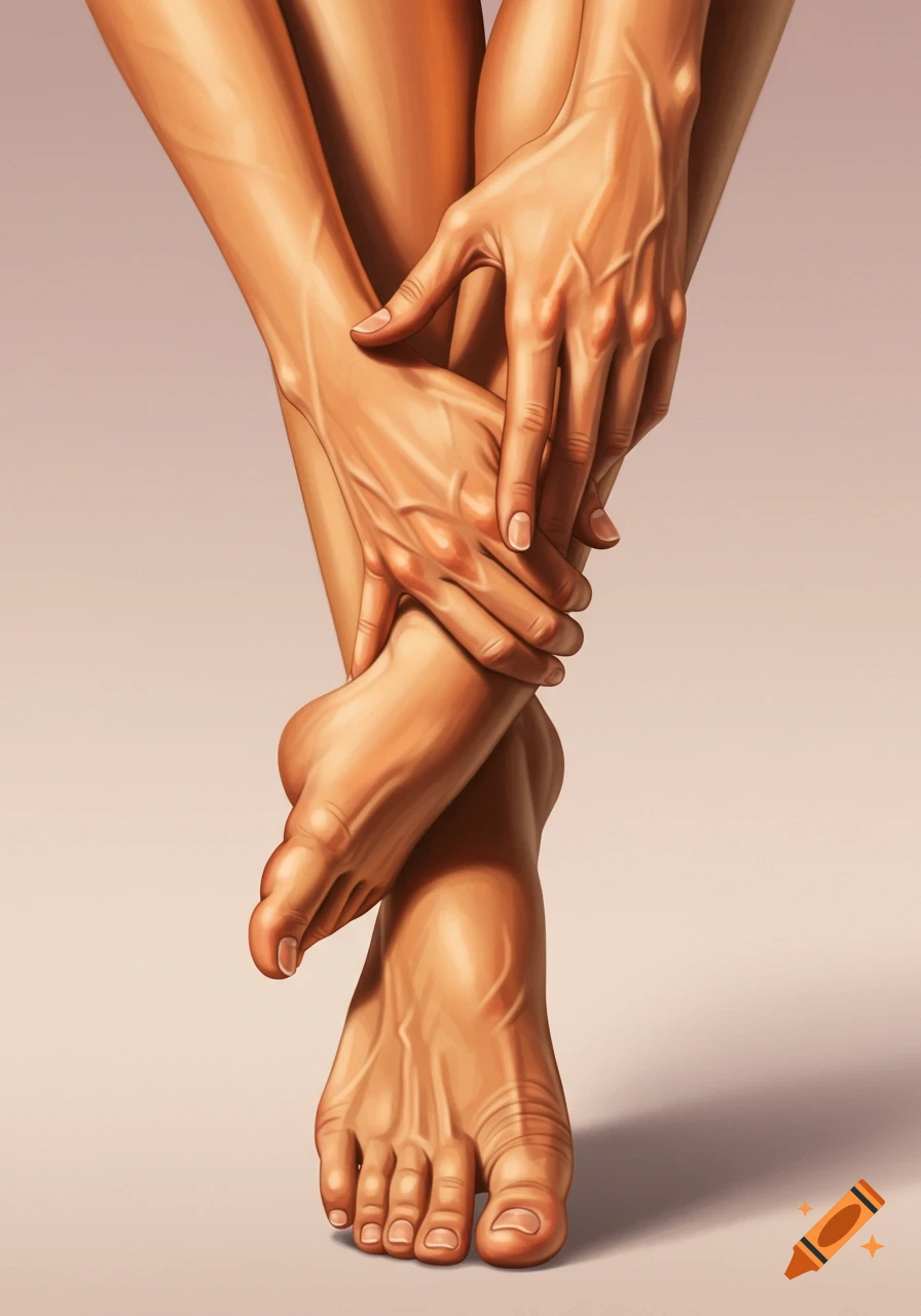 Stylized illustration of intertwined human hands, feet, and legs with prominent veins, on a light background.