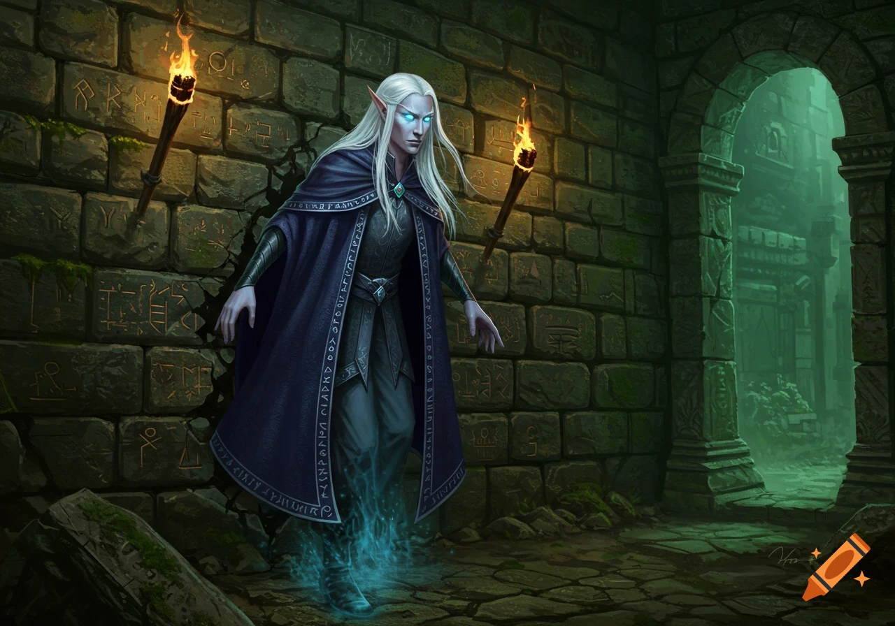 White-haired elf with glowing eyes in a dark cloak, phasing with blue energy in a torchlit stone dungeon with runes.