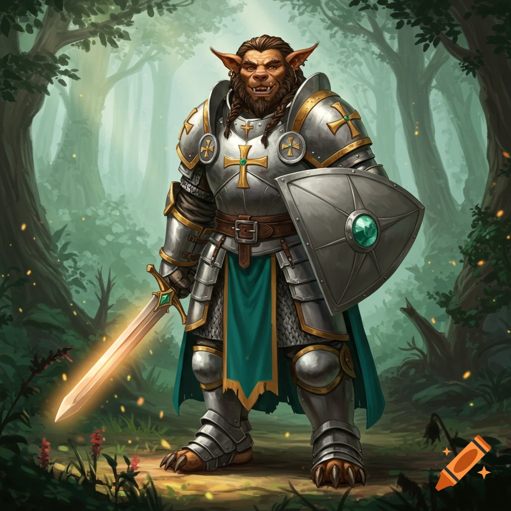 A formidable bugbear knight in shining silver and gold armor stands in a forest, holding a glowing sword and shield.