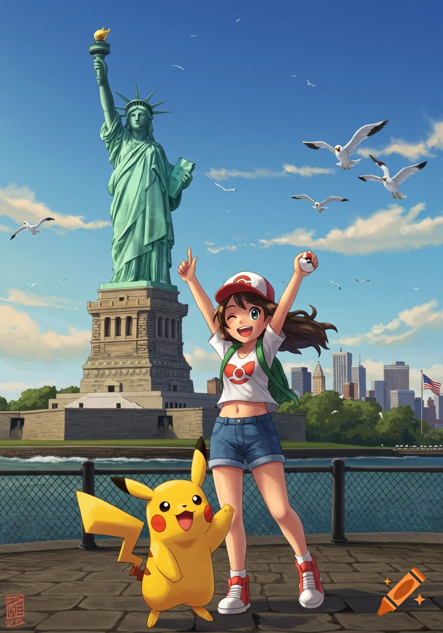An anime female Pokémon trainer and Pikachu pose excitedly in front of the Statue of Liberty with the New York skyline.