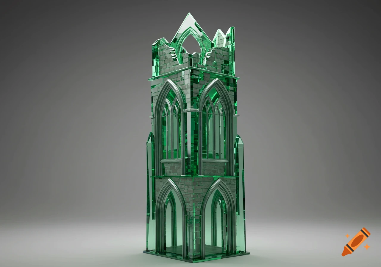 A geometric green glass and stone sculpture resembling a gothic castle tower with arches and windows.