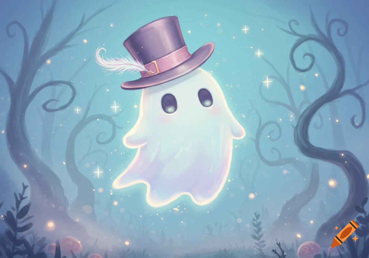 A whimsical, cartoon ghost wearing a purple top hat with a feather, floating in a glowing, misty forest.