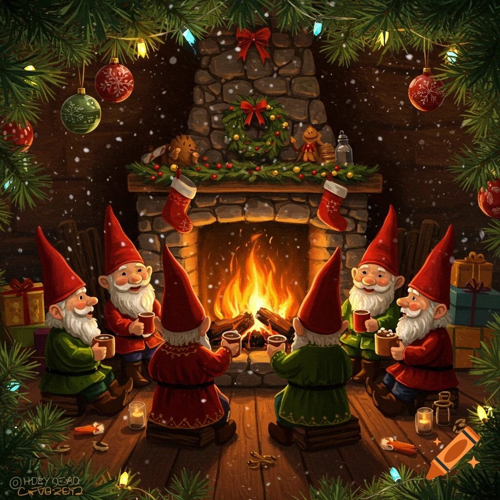 Six cheerful garden gnomes in red and green outfits gather around a cozy stone fireplace, sipping drinks in a festive, snowy Christmas scene.