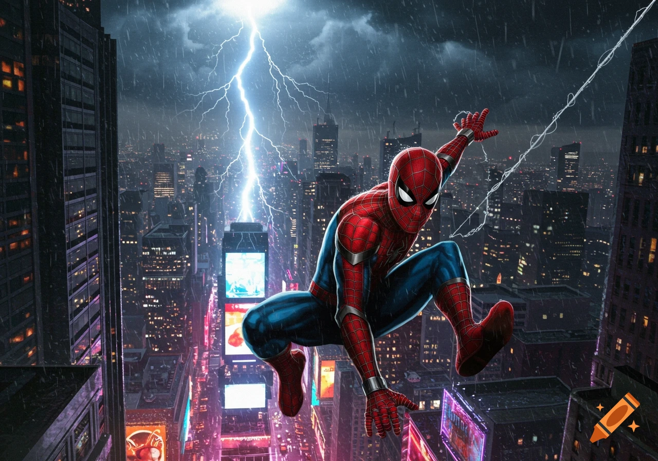 Spider-Man swings through a rain-soaked city as a lightning bolt strikes a skyscraper in the background, comic art style.