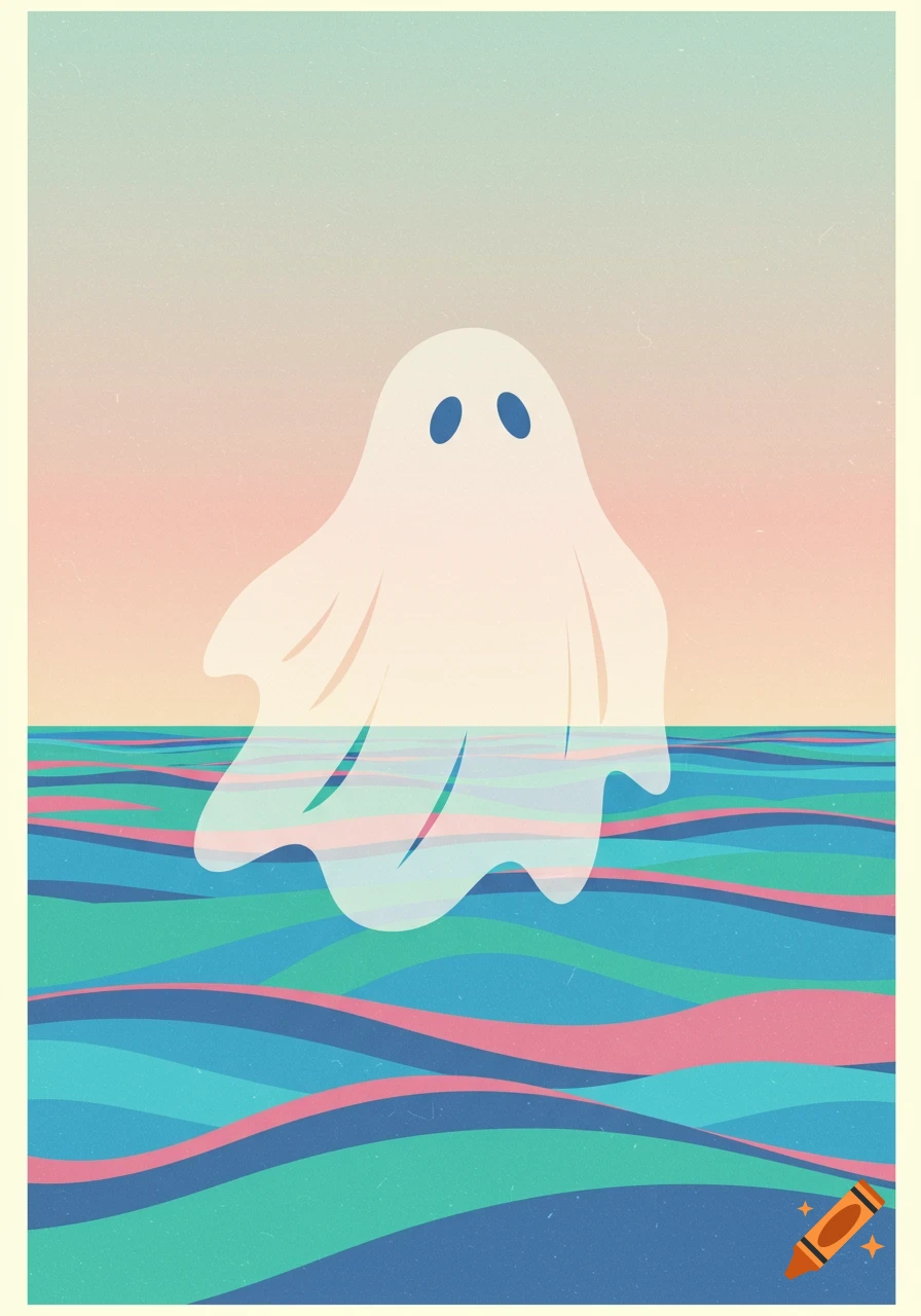 A vintage illustration of a white ghost with blue eyes floating over an abstract, wavy technicolor sea under a pastel sky.