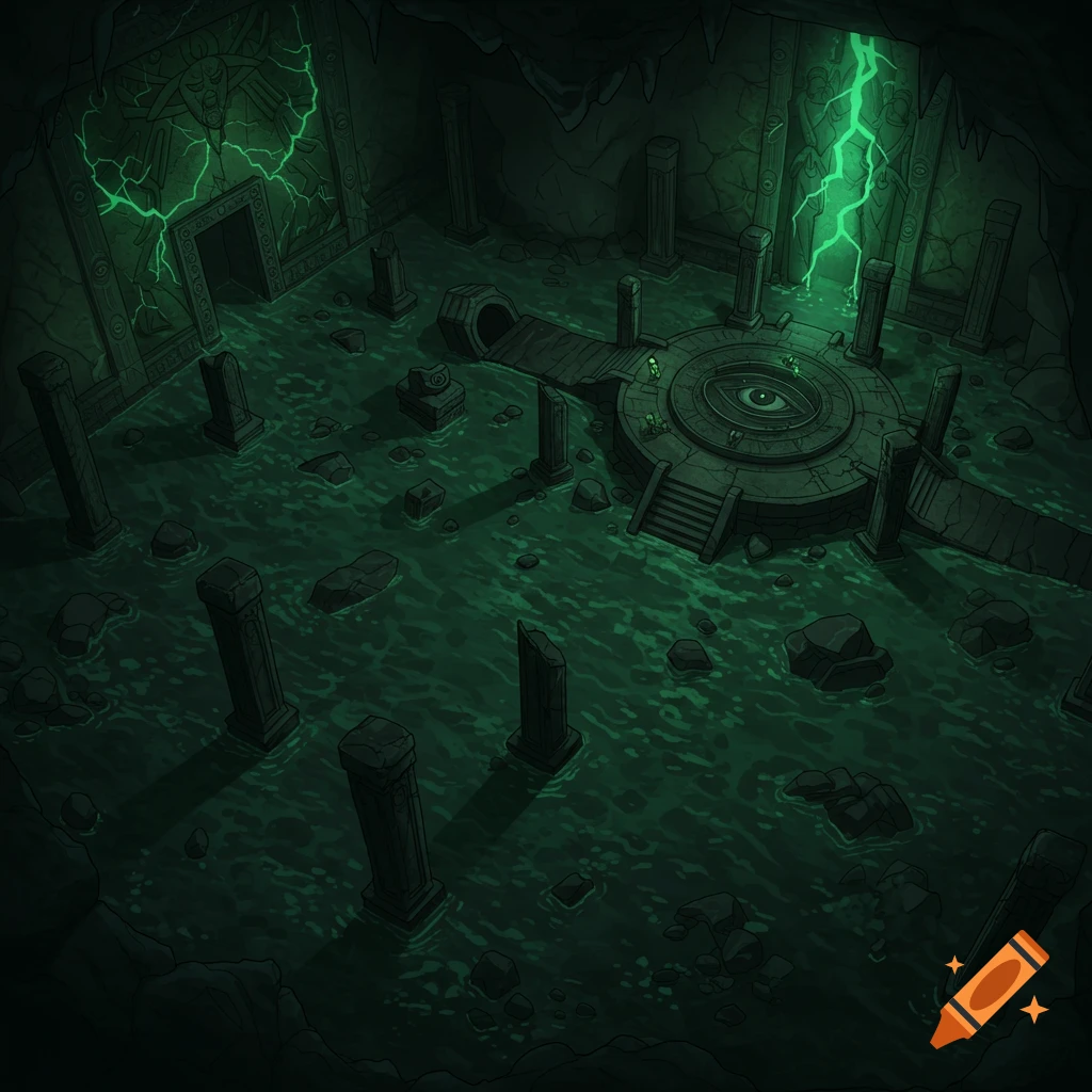 Stylized overhead view of a dark, flooded subterranean cavern with ancient ruins, broken pillars, and a glowing green eye on a central dais.