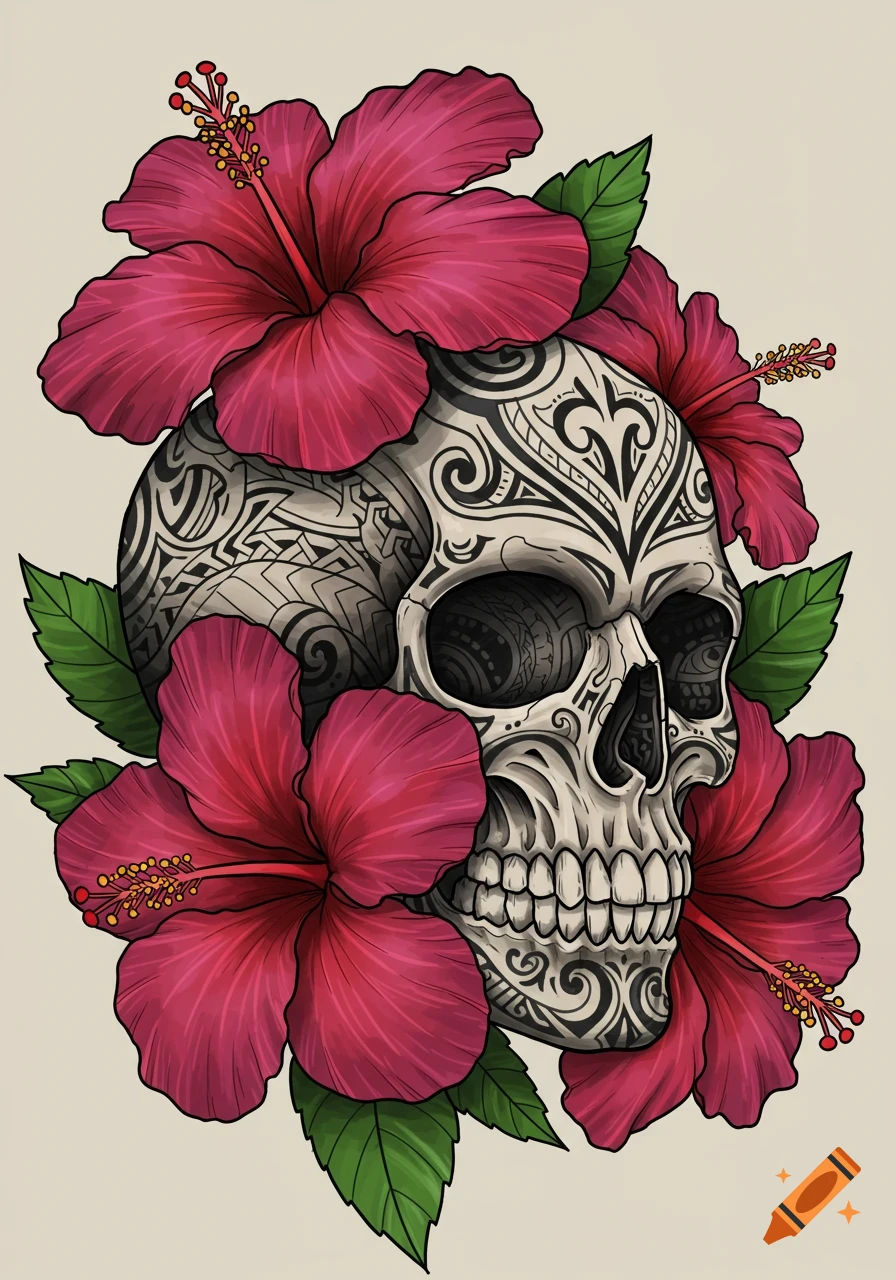 Stylized skull with tribal patterns, surrounded by pink hibiscus flowers in an American traditional tattoo style.