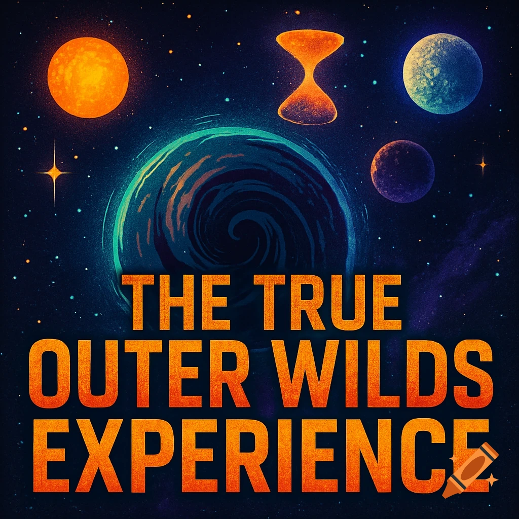 A vibrant space scene with planets, stars, and an hourglass nebula, featuring the text 'THE TRUE OUTER WILDS EXPERIENCE'.