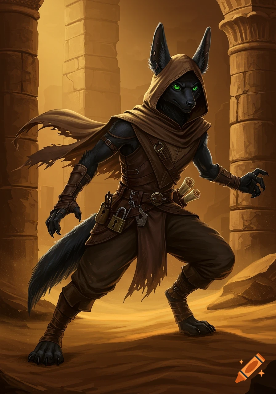 An anthropomorphic jackal rogue with glowing green eyes and a brown hooded cloak stands in desert ruins.