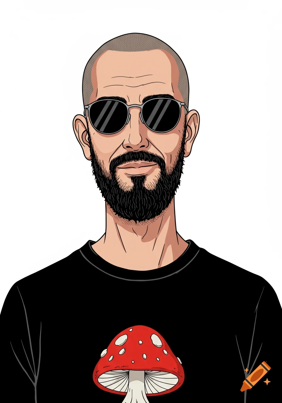 Graphic novel style portrait of a bearded man with a short haircut, sunglasses, and a black t-shirt with a red mushroom design.