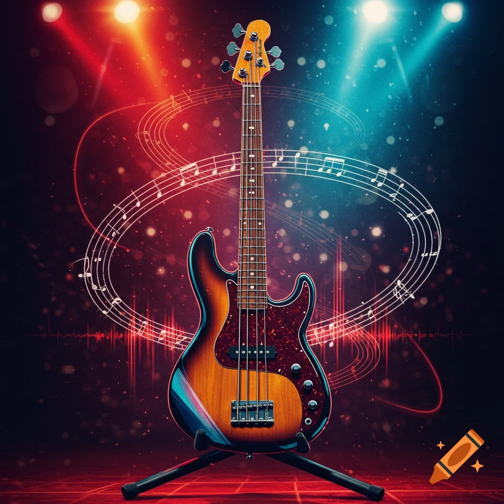 A bass guitar on a stand with a vibrant background of musical notes, sound waves, and glowing red and blue spotlights.