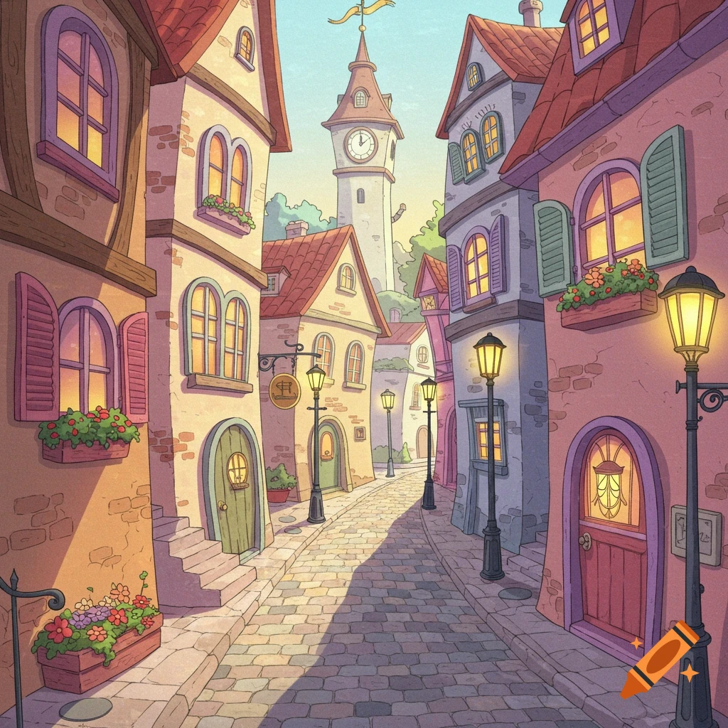 A vibrant cartoon illustration of a cobblestone street winding through charming old European-style buildings with flower boxes and street lamps, leading to a distant clock tower.