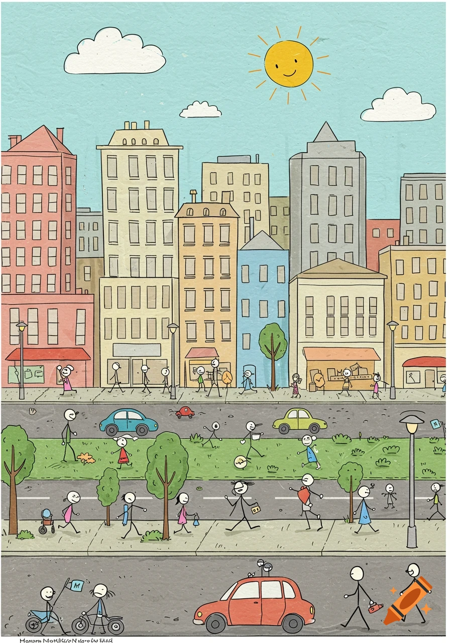 A whimsical, cartoon cityscape illustration with stick figures walking, driving cars, and playing in a park under a smiling sun.