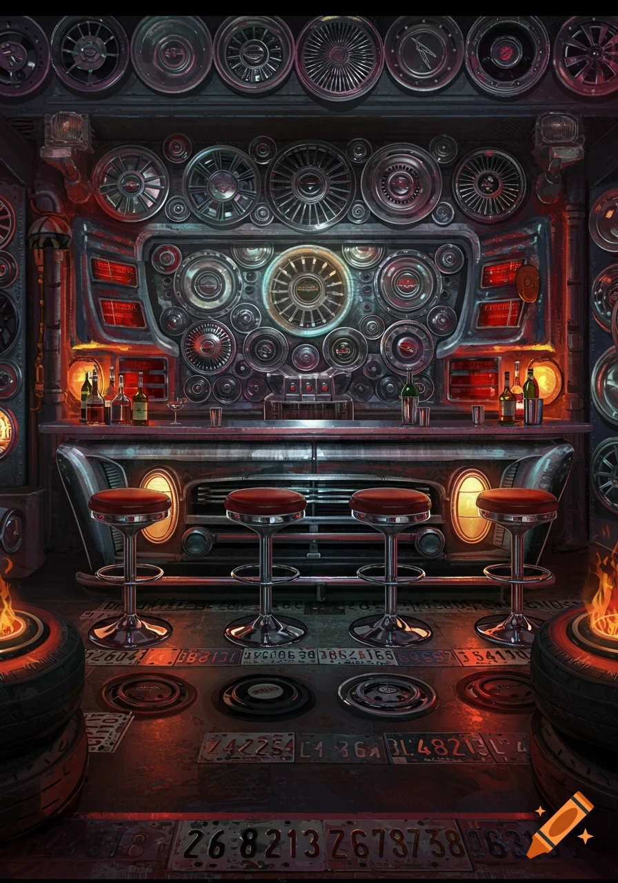 An elaborate bar interior made from various car parts, featuring shiny red bar stools, bottles on the counter, and hubcaps on the walls, with glowing orange lights.
