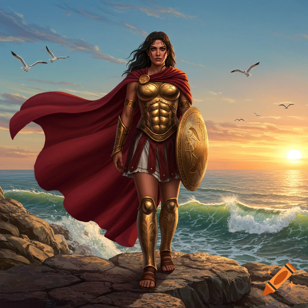 A woman warrior in golden armor and a red cape stands on a rocky coast at sunset, holding a shield.