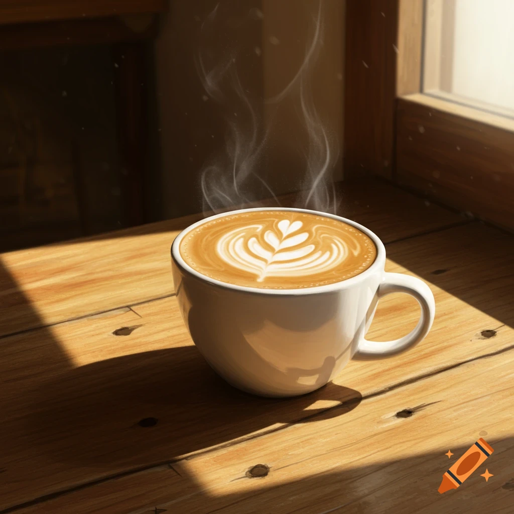 A steaming cup of latte with intricate heart-shaped art sits on a sunlit wooden table next to a window.