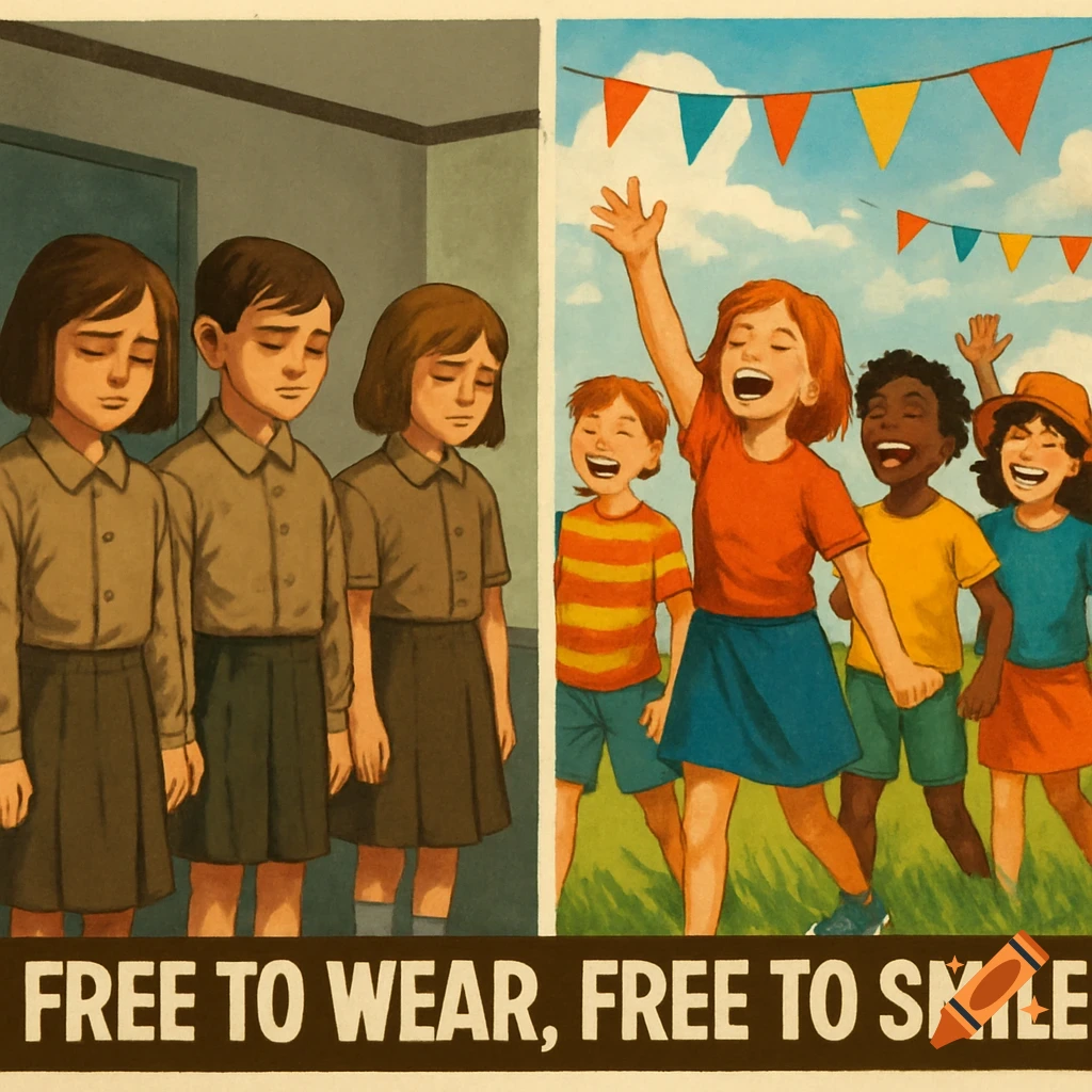 A split image; left shows three sad children in school uniforms, right shows five happy children in colorful clothes under a banner. Text reads: "FREE TO WEAR, FREE TO SMILE".