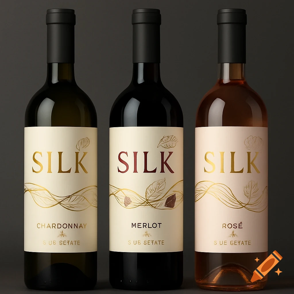 Three elegant wine bottles with white, ivory, and pale rose labels featuring a golden "SILK" logo, a golden silk thread design, and text for Chardonnay, Merlot, and Ros.