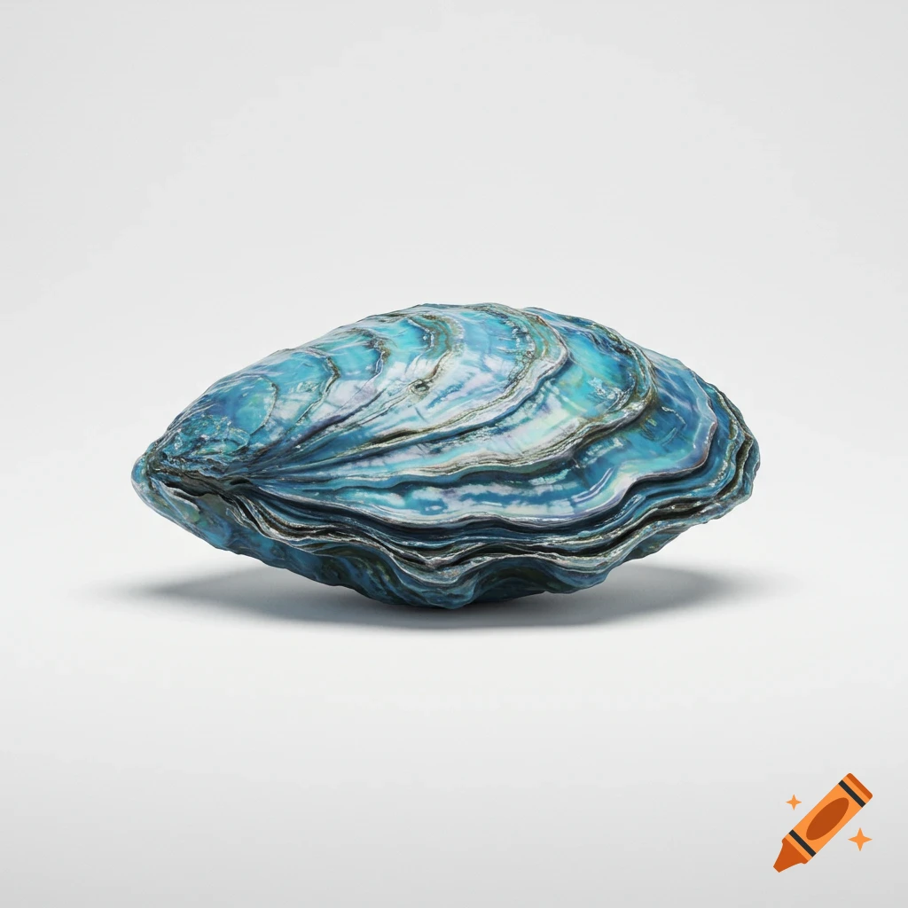 A vibrant blue oyster shell with iridescent ridges sits on a white background.